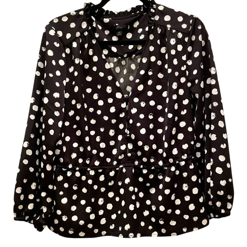 J. Crew Women's Black Peplum Blouse in Painted Dot Satiny Top Size 12